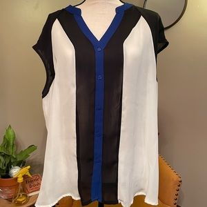 Black, white and electric blue blouse